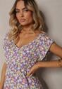 Rochie Violet-Verde din Bumbac cu Elastic în Talie și Decolteu în V Delletta