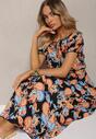 Rochie Neagră-Portocalie din Bumbac cu Elastic în Talie Balet