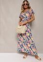 Rochie Albastru-Roz din Bumbac cu Elastic în Talie Balet