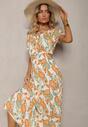 Rochie Alb-Portocalie din Bumbac cu Elastic în Talie Balet