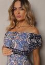 Rochie albastră din bumbac cu elastic în talie și legare la decolteu Hiletta