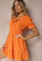Pomarańczowa Rozkloszowana Sukienka z Gumką w Talii i Ozdobnymi Falbankami przy Dekolcie Arcidia