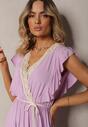 Rochie violet deschis din bumbac și viscoză cu decolteu în V petrecut și șnur în talie Terin