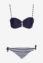 Bleumarin-Alb Bikini din Două Piese Sutien Ornat cu Nasturi Chilot Tip Figi cu Șnururi Vikkiri