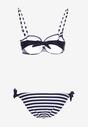 Bleumarin-Alb Bikini din Două Piese Sutien Ornat cu Nasturi Chilot Tip Figi cu Șnururi Vikkiri