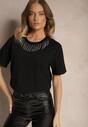 Tricou Negru din Bumbac cu Mânecă Scurtă și Strasuri Decorative la Decolteu Vilefia