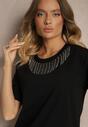 Tricou Negru din Bumbac cu Mânecă Scurtă și Strasuri Decorative la Decolteu Vilefia