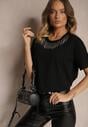 Tricou Negru din Bumbac cu Mânecă Scurtă și Strasuri Decorative la Decolteu Vilefia