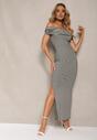 Rochie Alb-Negru în Dungi cu Decolteu Bardot cu Șliț Vikitessa