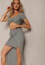 Set Alb-Negru cu Dungi Top Scurt Fustă cu Elastic în Talie și Șliț Față Vikirrina