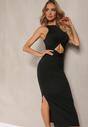 Rochie Neagră de Cocktail fără Mâneci cu Decolteu Geometric în Talie și Slit Lateral Vikorra