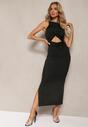 Rochie Neagră de Cocktail fără Mâneci cu Decolteu Geometric în Talie și Slit Lateral Vikorra