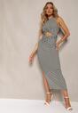 Rochie Cocktail Negru-Albă fără Mâneci cu Decolteu Geometric în Talie și Slit Lateral Vikorra