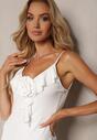 Rochie de Cocktail Albă Conică cu Broșă Ornamentală Floare și Volan Vikassa