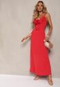 Rochie de Cocktail Roșie Conică cu Broșă Ornament Floare și Volan Vikassa
