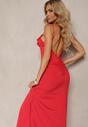 Rochie de Cocktail Roșie Conică cu Broșă Ornament Floare și Volan Vikassa