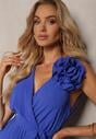 Rochie de Cocktail Bleumarin Pliuri cu Broșă Florală Curea și Elastic în Talie Viknna