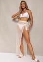 Beżowa Ażurowa Spódnica High Waist Wiązana z Boku w Pasie Vikiarria