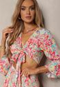 Set Roz-Albastru din Bumbac Bluză cu Legare Pantaloni Tip Palazzo cu Elastic în Talie Ocadia