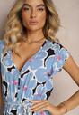 Rochie Albastră Florală din Viscoză cu Elastic în Talie Legată cu Curea din Material Vikennia
