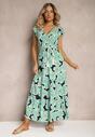 Rochie Verde Florală din Viscoză cu Elastic în Talie Legată cu Curea din Material Vikennia