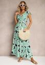 Rochie Verde Florală din Viscoză cu Elastic în Talie Legată cu Curea din Material Vikennia