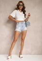 Niebieskie Jeansowe Szorty High Waist z Printem w Kwiaty Vikisias
