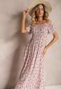 Rochie Alb-Roz Florală Spaniolă cu Elastic în Talie Naadia