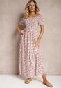 Rochie Alb-Roz Florală Spaniolă cu Elastic în Talie Naadia
