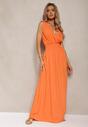 Pomarańczowa Taliowana Sukienka z Wiskozy Wykończona Gumkami w Talii i Kopertowym Dekoltem Kairidia