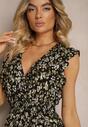 Rochie neagră și galbenă din viscoză cu croi evazat cu elastic în talie și volane Xardia