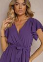 Rochie Violetă cu Spate Asimetric cu Decolteu Petrecut Accesorizată cu Curea în Talie Toridia