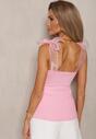 Różowy Bawełniany Top o Prążkowanym Wykończeniu z Wiązaniem na Ramiączkach Vikillas
