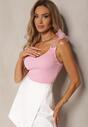 Różowy Bawełniany Top o Prążkowanym Wykończeniu z Wiązaniem na Ramiączkach Vikillas