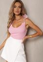 Różowy Bawełniany Top o Prążkowanym Wykończeniu z Wiązaniem na Ramiączkach Vikillas