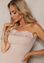 Rochie Bej cu Dungi Bandeau fără Bretele cu Decolteu Ornat cu Volan Vikotta