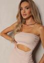 Rochie Bej Mulaj Bumbac cu Fantă Decorativă în Talie Vikisaema