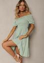 Rochie verde din bumbac evazată cu elastic la decolteu Moridia
