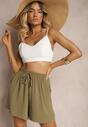 Ciemnozielone Luźne Szorty High Waist z Gumką w Talii Welovia