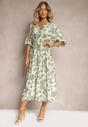 Rochie verde-albă din viscoză cu legare în talie și mâneci decorative Nanea