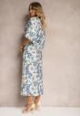 Rochie din viscoză albastru-albă cu talie legată și mâneci decorative Nanea