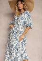 Rochie din viscoză albastru-albă cu talie legată și mâneci decorative Nanea