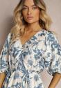 Rochie din viscoză albastru-albă cu talie legată și mâneci decorative Nanea