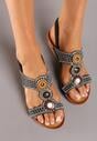 Sandale Negre Slip-On cu Platformă Imitatie Lemn Decorate cu Material Metalic Irelagia