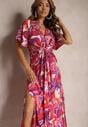 Rochie Violet-Roz din Viscoză cu Croi Clos cu Nod Decorativ și Mâneci Lărgi Janamla