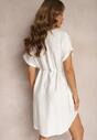 Biała Sukienka Pudełkowa z Troczkiem w Talii i Zdobiona Cyrkoniami Quilefia
