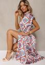 Rochie boho albastră și roz evazată cu viscoză cu croială de cămașă decorată cu curea Josofia