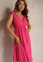 Rochie Fucsia Pliată cu Vâscoză și Bumbac cu Decolteu Triunghiular și Elastic în Talie Liramla