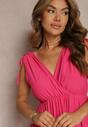Rochie Fucsia Pliată cu Vâscoză și Bumbac cu Decolteu Triunghiular și Elastic în Talie Liramla