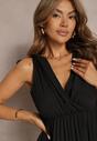 Rochie Neagră Pliuri cu Vâscoză și Bumbac cu Decolteu Triunghiular și Elastic în Talie Liramla
